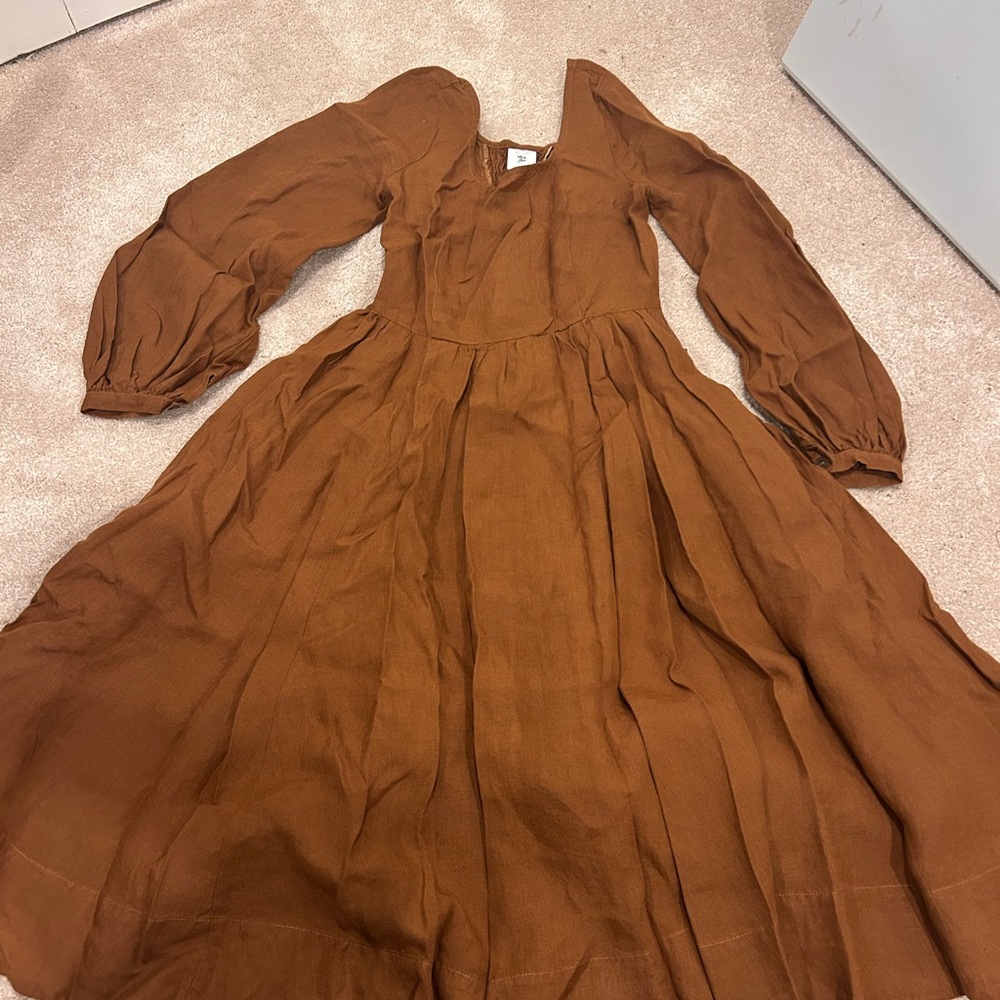 Son de Flor Rust Brown Long Sleeve Linen Midi Dress